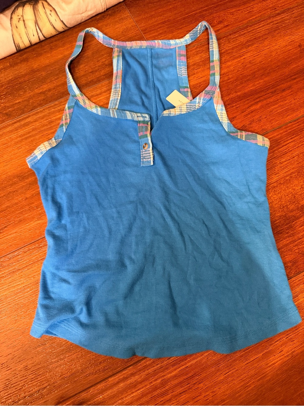 Anthropologie Bright Blue Ribbed Tank with Pastel Plaid Trim